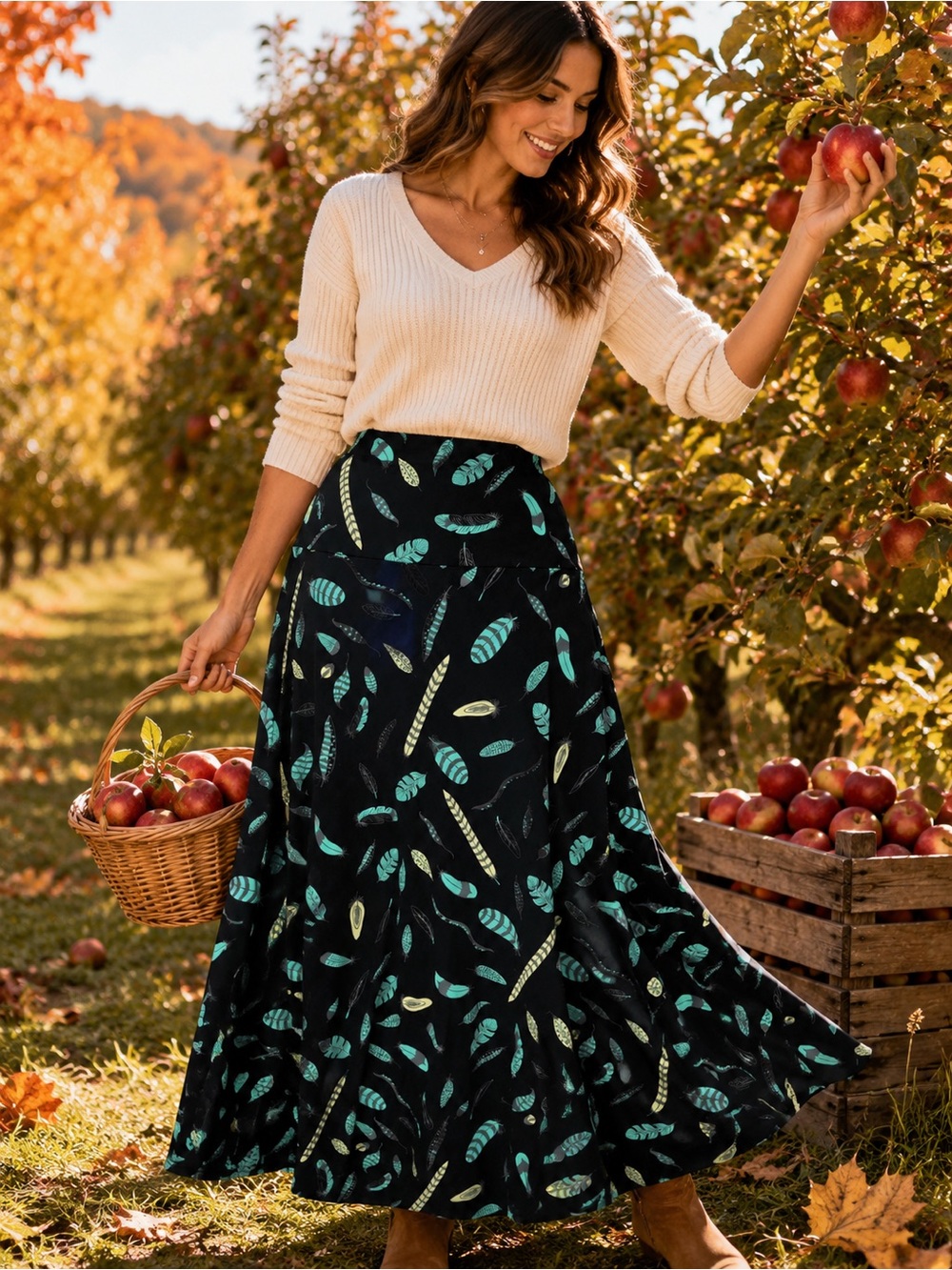 LuLaRoe Large Black Teal Feather Print Maxi Skirt Boho